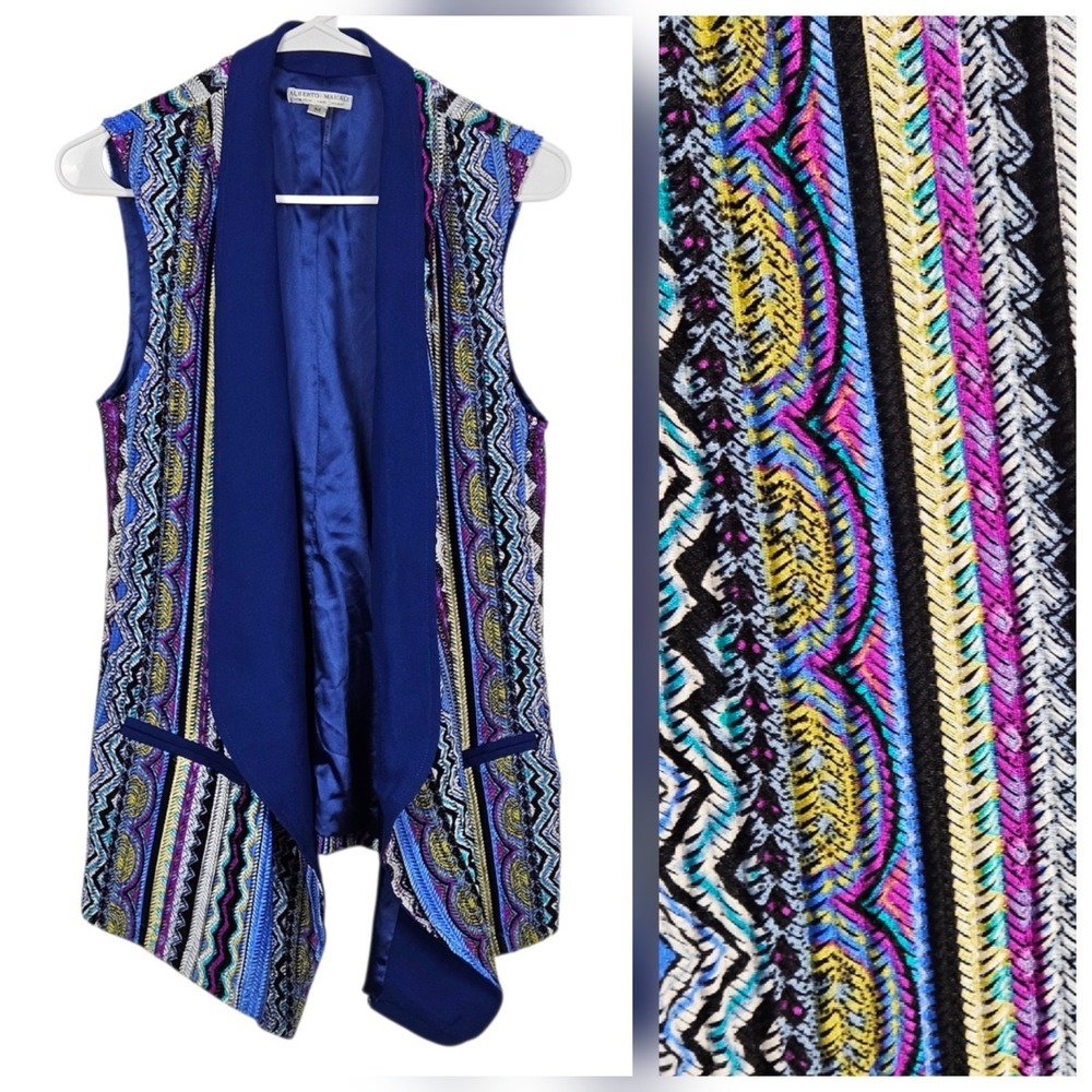 Alberto Makali Open Front Vest Sz M Artsy Chevron Vibrant Colorful Art To Wear
